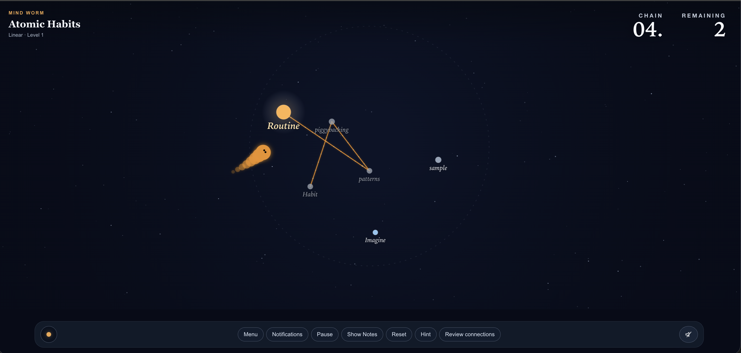Book Mining game showing the worm, keywords and connections for Atomic Habits.